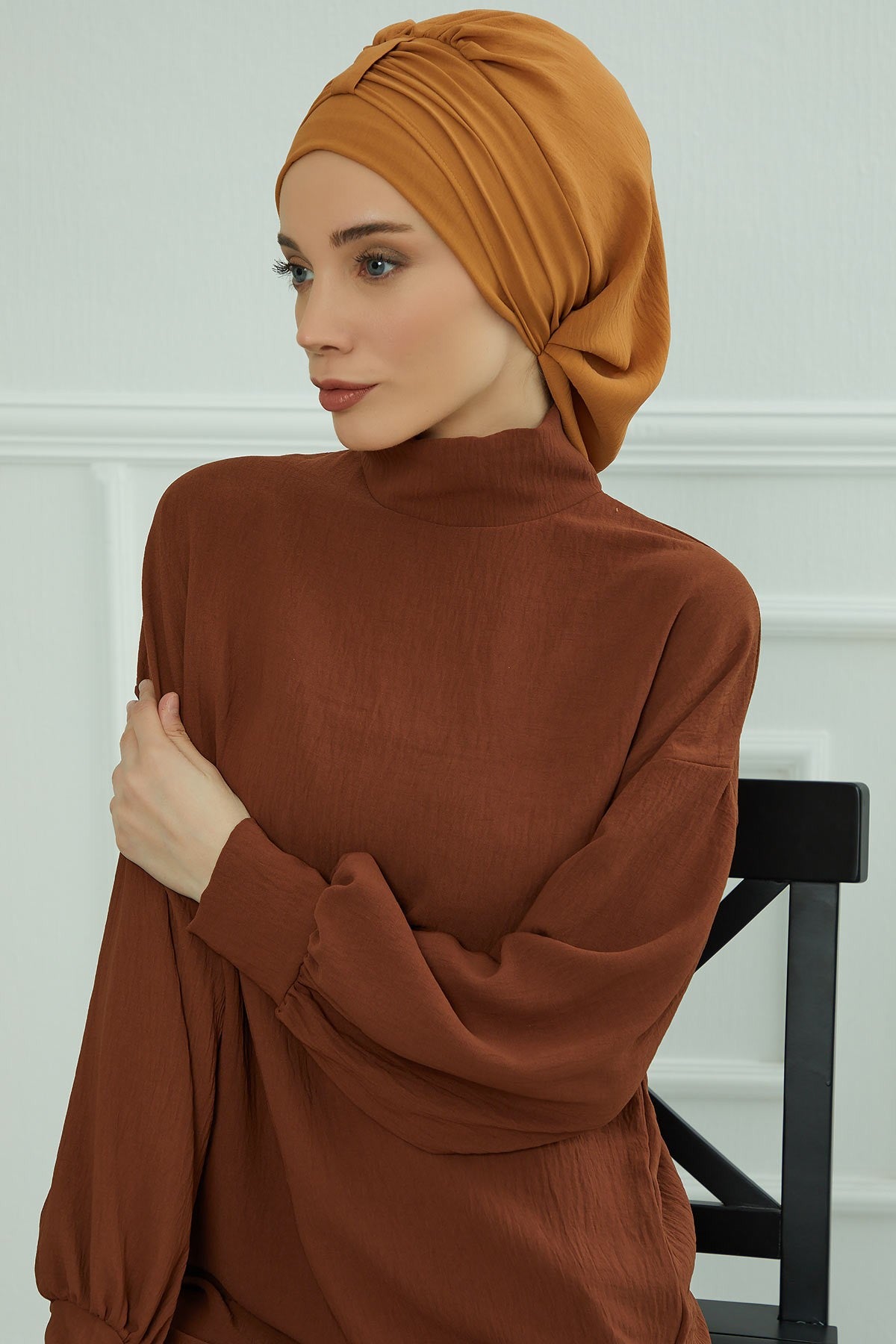 Chic Instant Turban Hat for Women, Modest Fashion Head Cover with Aerobin Fabric, Easy Slip-On Hijab Cap for Everyday Use,HT-90 Tawny Brown