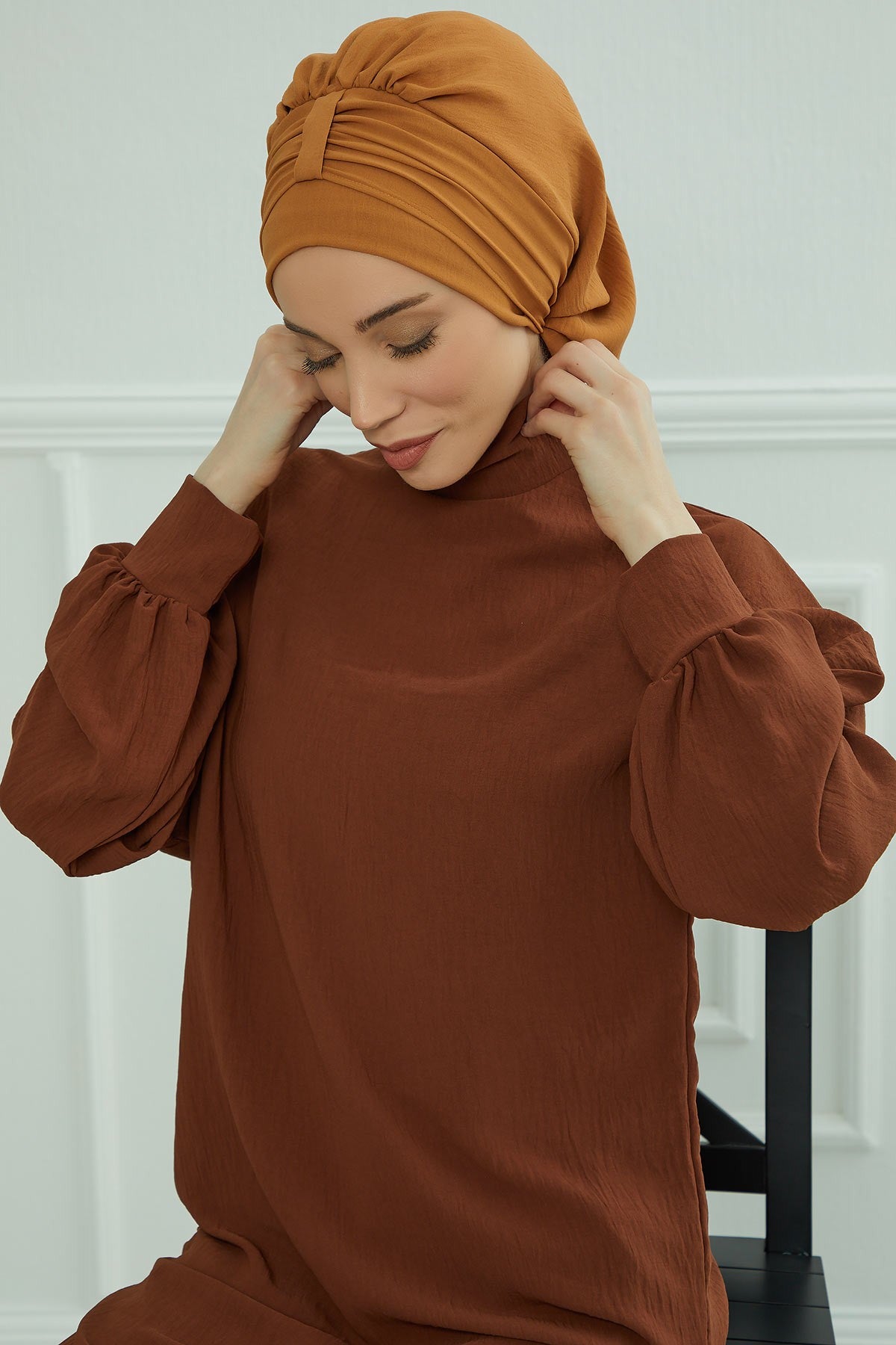 Chic Instant Turban Hat for Women, Modest Fashion Head Cover with Aerobin Fabric, Easy Slip-On Hijab Cap for Everyday Use,HT-90 Tawny Brown