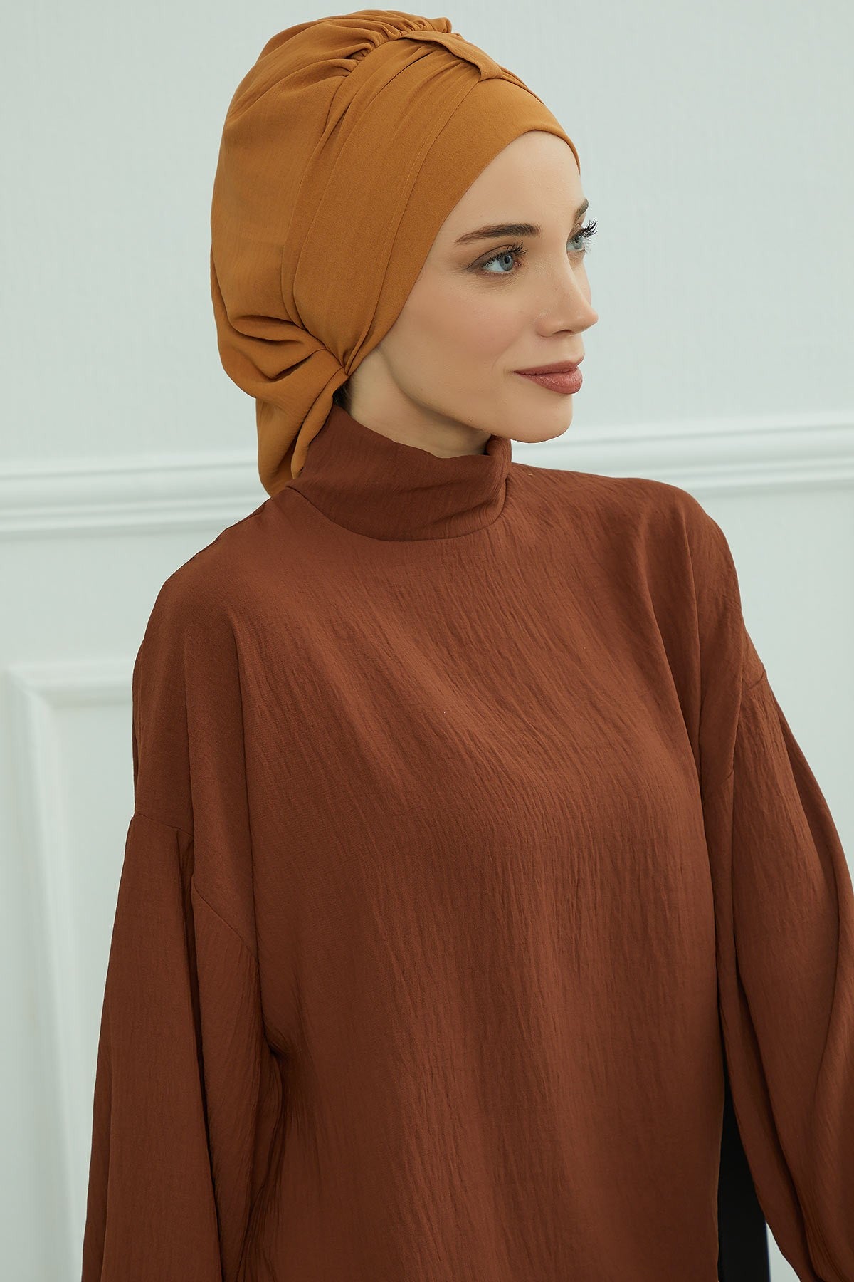 Chic Instant Turban Hat for Women, Modest Fashion Head Cover with Aerobin Fabric, Easy Slip-On Hijab Cap for Everyday Use,HT-90 Tawny Brown