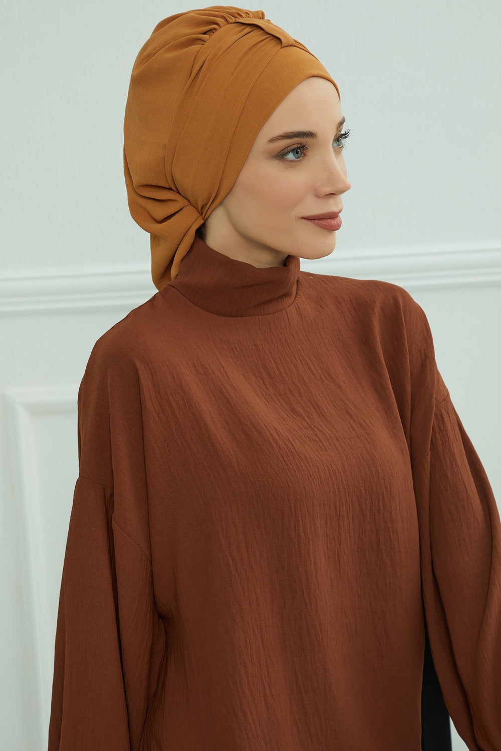 Chic Instant Turban Hat for Women, Modest Fashion Head Cover with Aerobin Fabric, Easy Slip-On Hijab Cap for Everyday Use,HT-90 Tawny Brown