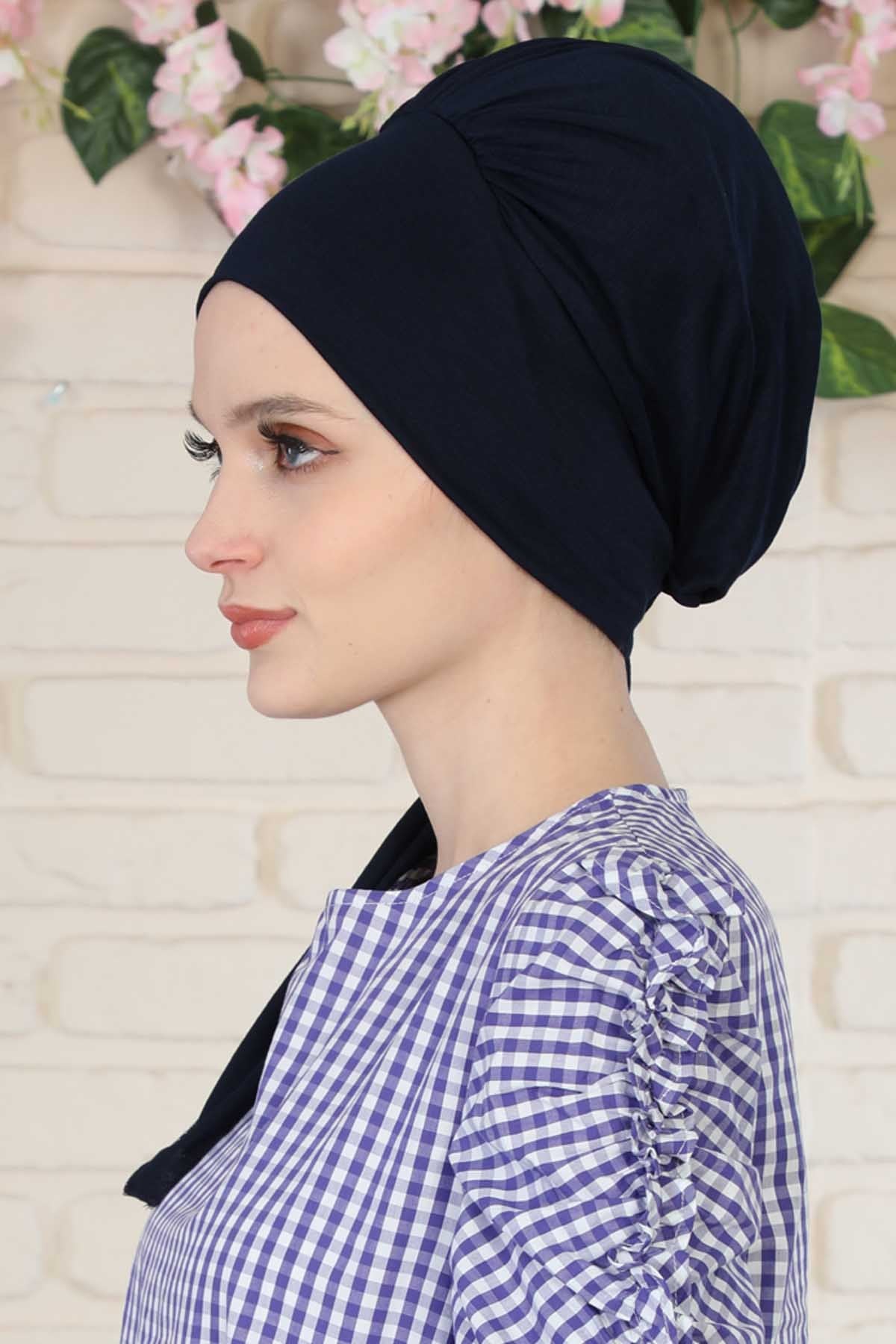 Chic Instant Turban Headscarf, Ready to Wear Instant Hijab, Easy Wrap & Trendy Turban Hijab Design, Stylish Chemo Cancer Cap for Women,B-49 Navy Blue