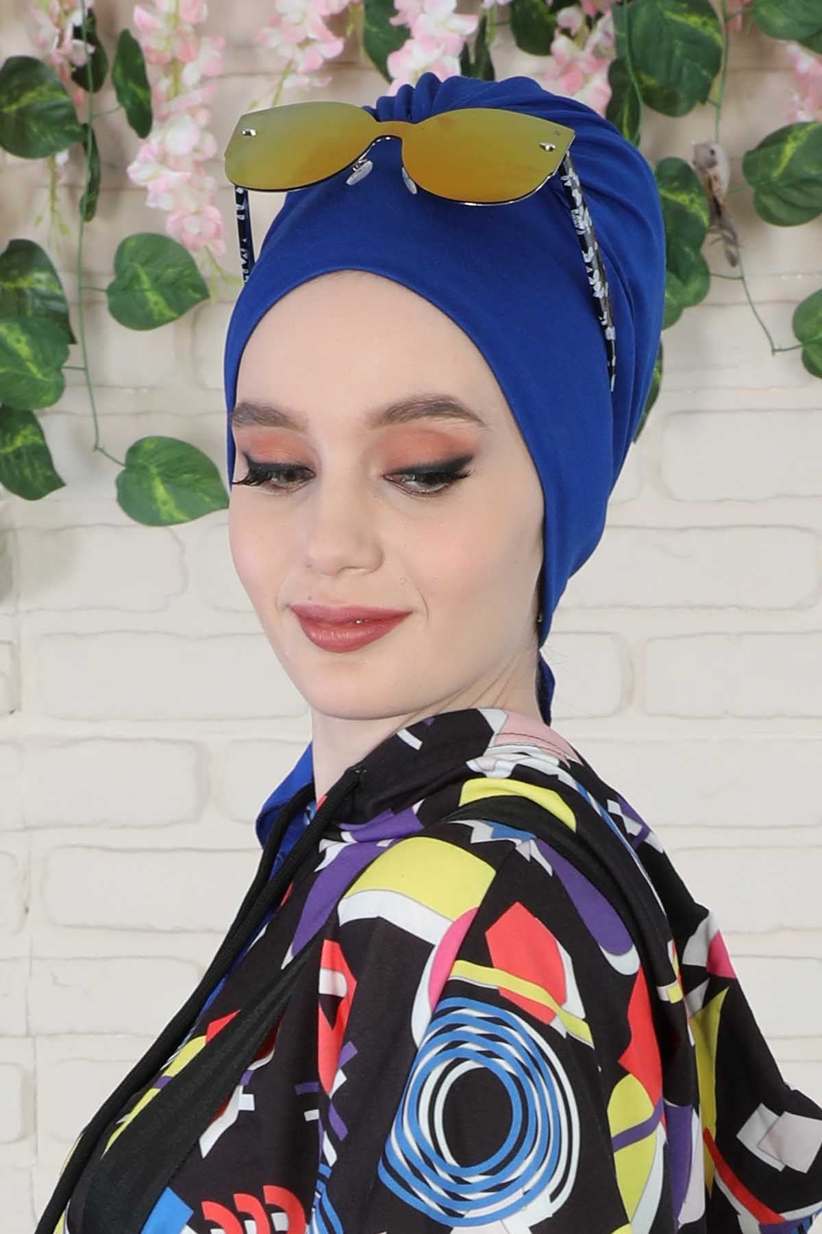 Chic Instant Turban Headscarf, Ready to Wear Instant Hijab, Easy Wrap & Trendy Turban Hijab Design, Stylish Chemo Cancer Cap for Women,B-49 Sax Blue
