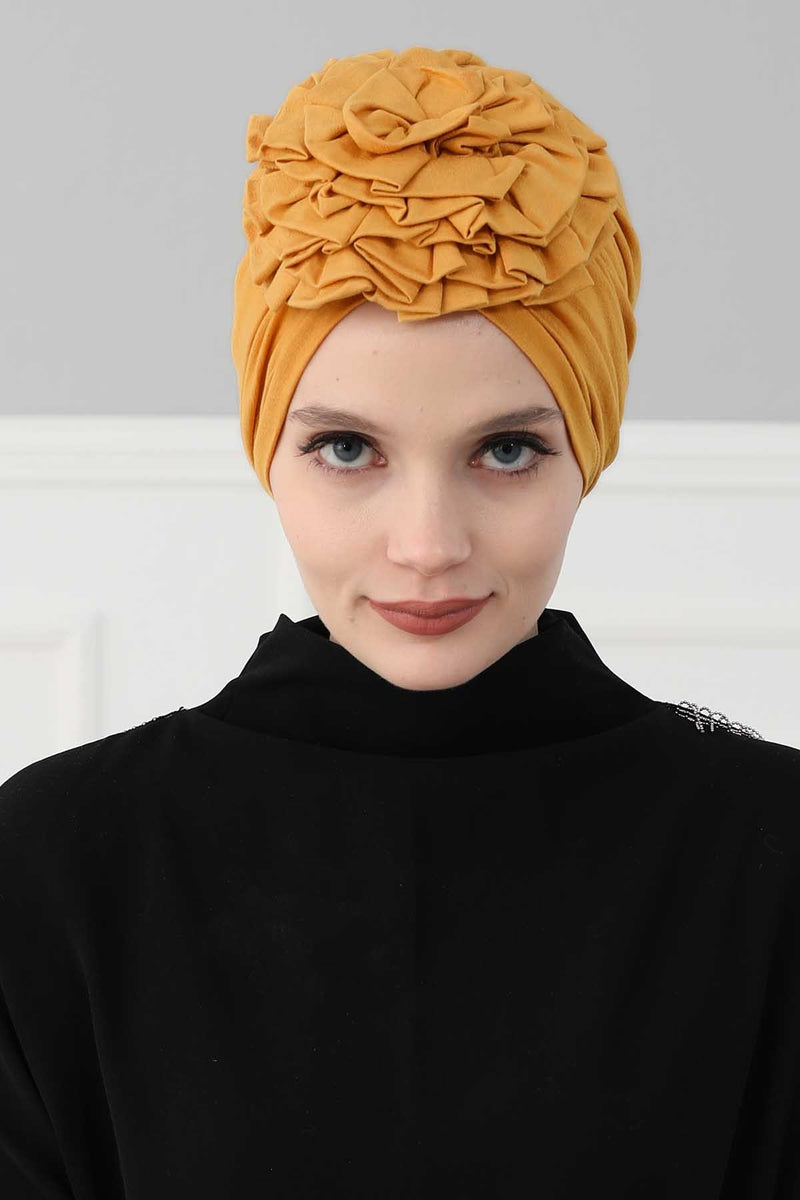 Chic Rose Accent Instant Turban Hijab for Women, Cotton Scarf Chemo Head Wrap, Plain Bonnet Cap with a Beautiful Big Handmade Rose,B-21