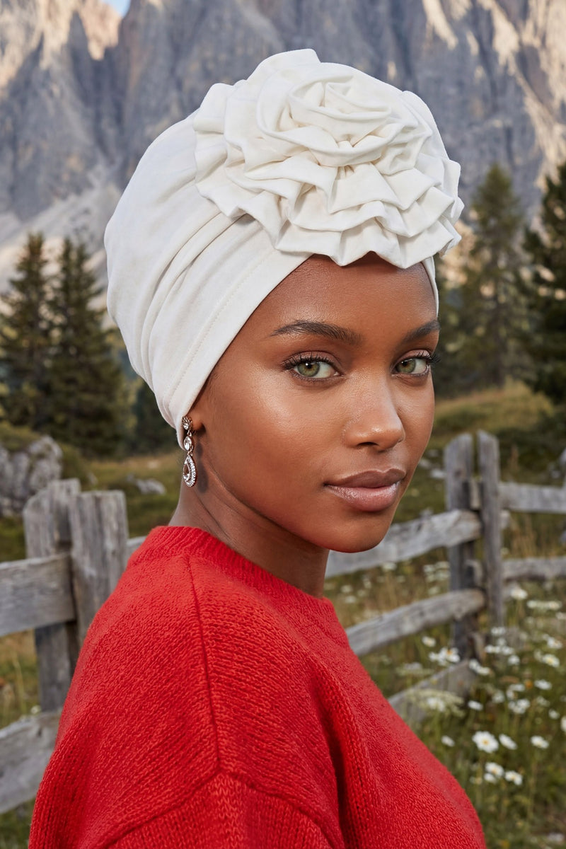 Chic Rose Accent Instant Turban Hijab for Women, Cotton Scarf Chemo Head Wrap, Plain Bonnet Cap with a Beautiful Big Handmade Rose,B-21