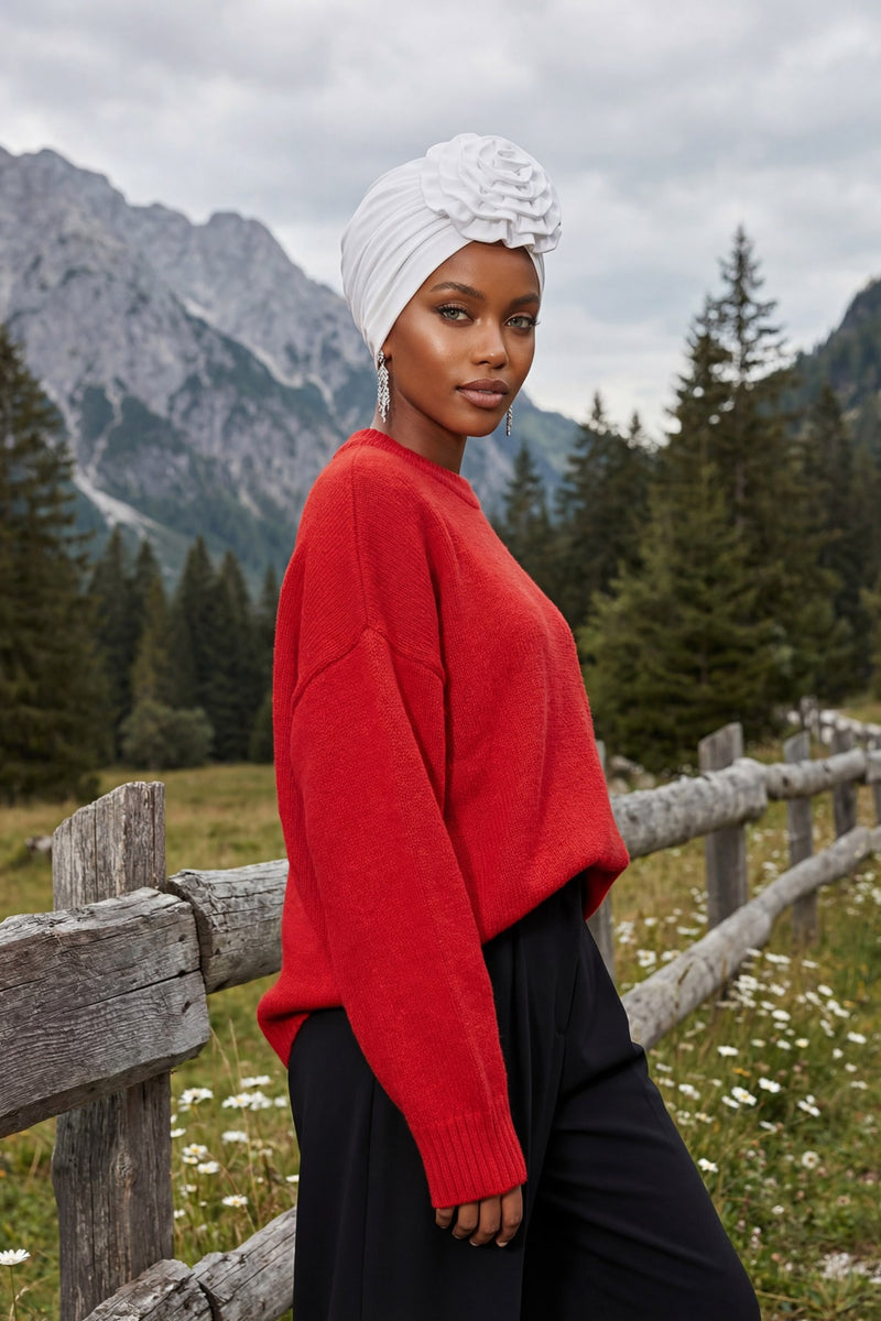 Chic Rose Accent Instant Turban Hijab for Women, Cotton Scarf Chemo Head Wrap, Plain Bonnet Cap with a Beautiful Big Handmade Rose,B-21