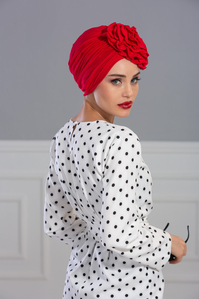 Chic Rose Accent Instant Turban Hijab for Women, Cotton Scarf Chemo Head Wrap, Plain Bonnet Cap with a Beautiful Big Handmade Rose,B-21
