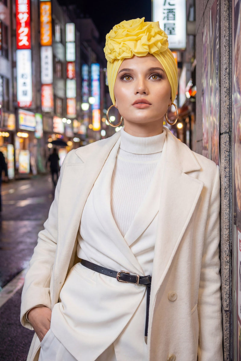 Chic Rose Accent Instant Turban Hijab for Women, Cotton Scarf Chemo Head Wrap, Plain Bonnet Cap with a Beautiful Big Handmade Rose,B-21