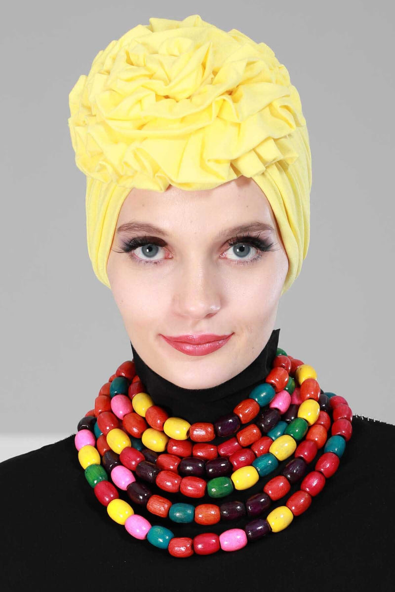 Chic Rose Accent Instant Turban Hijab for Women, Cotton Scarf Chemo Head Wrap, Plain Bonnet Cap with a Beautiful Big Handmade Rose,B-21