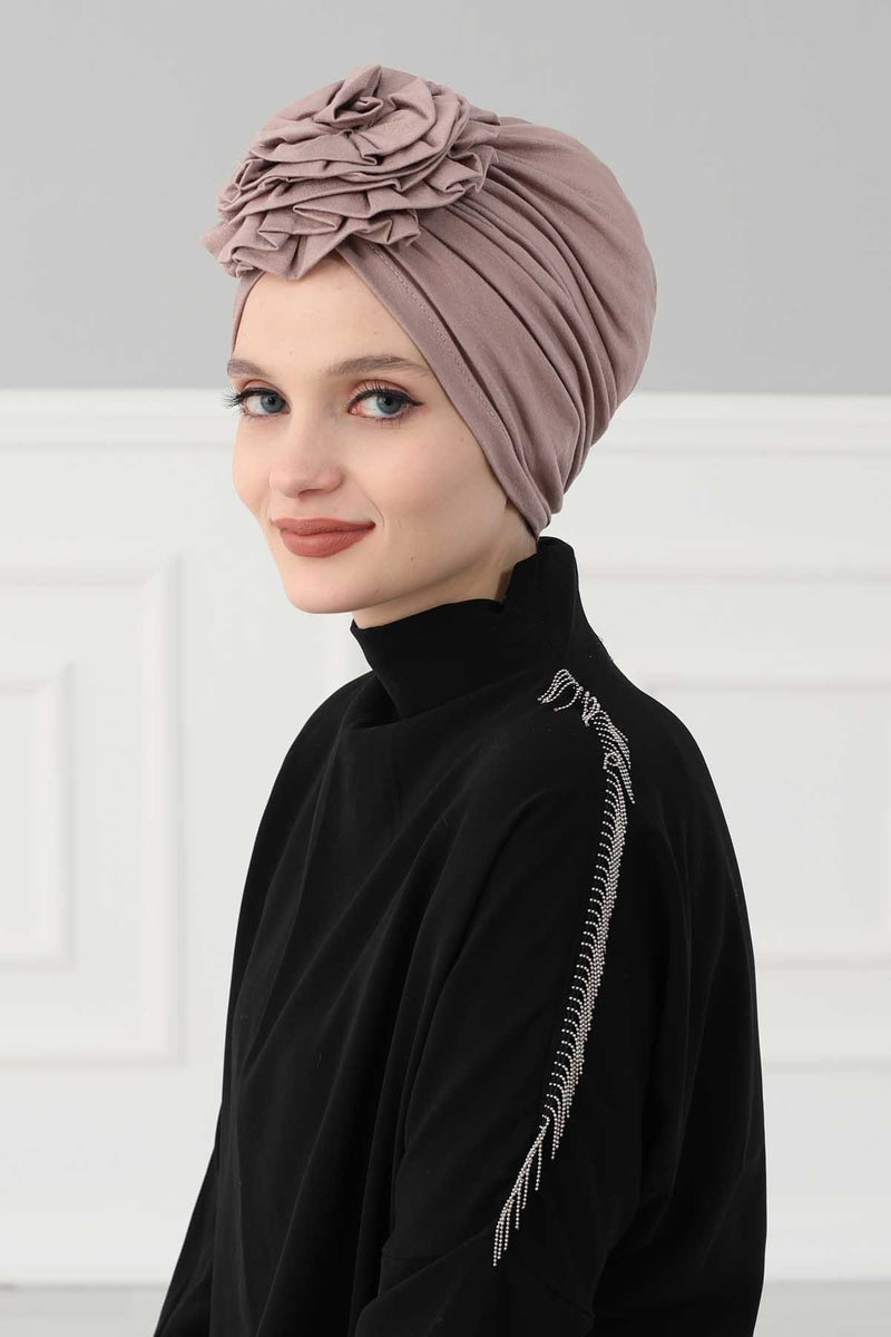 Chic Rose Accent Instant Turban Hijab for Women, Cotton Scarf Chemo Head Wrap, Plain Bonnet Cap with a Beautiful Big Handmade Rose,B-21