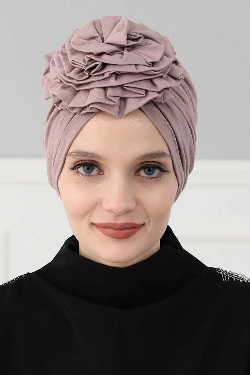Chic Rose Accent Instant Turban Hijab for Women, Cotton Scarf Chemo Head Wrap, Plain Bonnet Cap with a Beautiful Big Handmade Rose,B-21