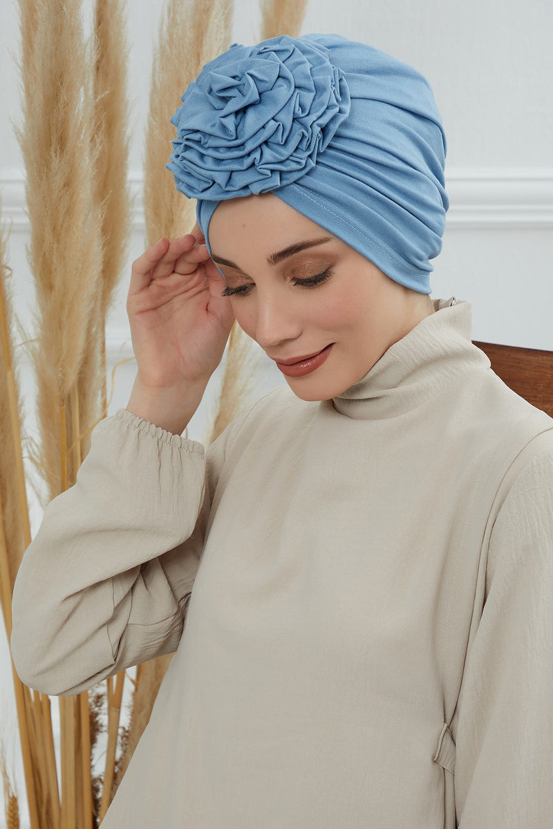 Chic Rose Accent Instant Turban Hijab for Women, Cotton Scarf Chemo Head Wrap, Plain Bonnet Cap with a Beautiful Big Handmade Rose,B-21