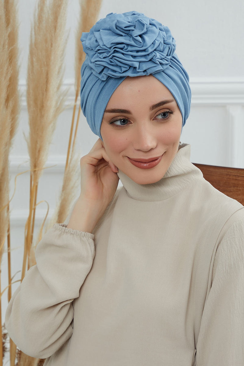 Chic Rose Accent Instant Turban Hijab for Women, Cotton Scarf Chemo Head Wrap, Plain Bonnet Cap with a Beautiful Big Handmade Rose,B-21