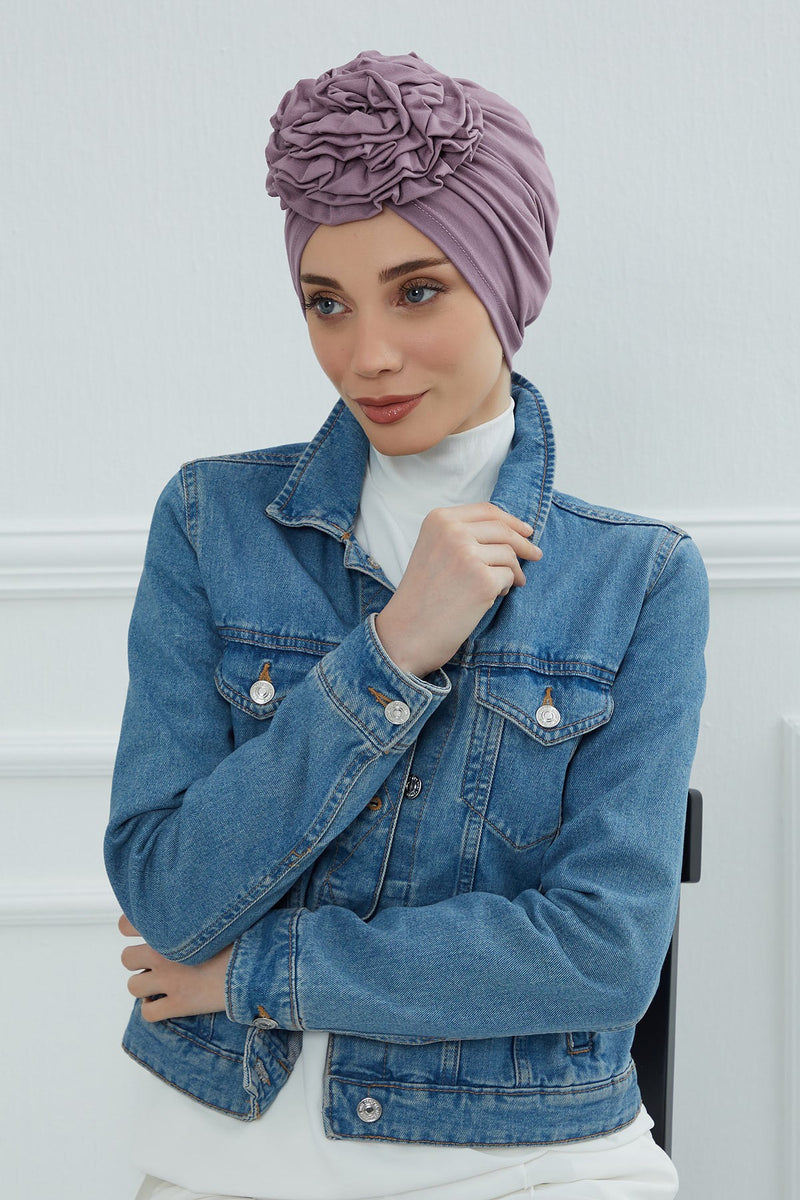 Chic Rose Accent Instant Turban Hijab for Women, Cotton Scarf Chemo Head Wrap, Plain Bonnet Cap with a Beautiful Big Handmade Rose,B-21