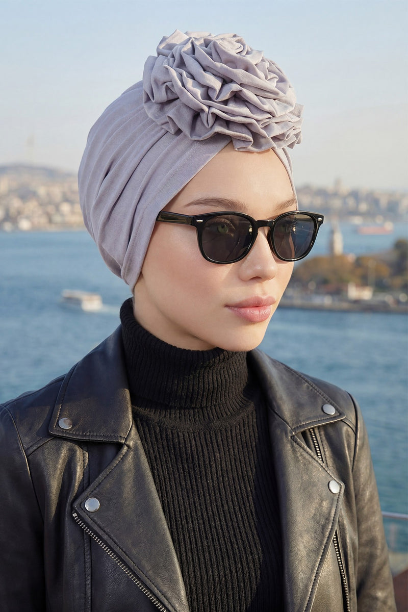 Chic Rose Accent Instant Turban Hijab for Women, Cotton Scarf Chemo Head Wrap, Plain Bonnet Cap with a Beautiful Big Handmade Rose,B-21