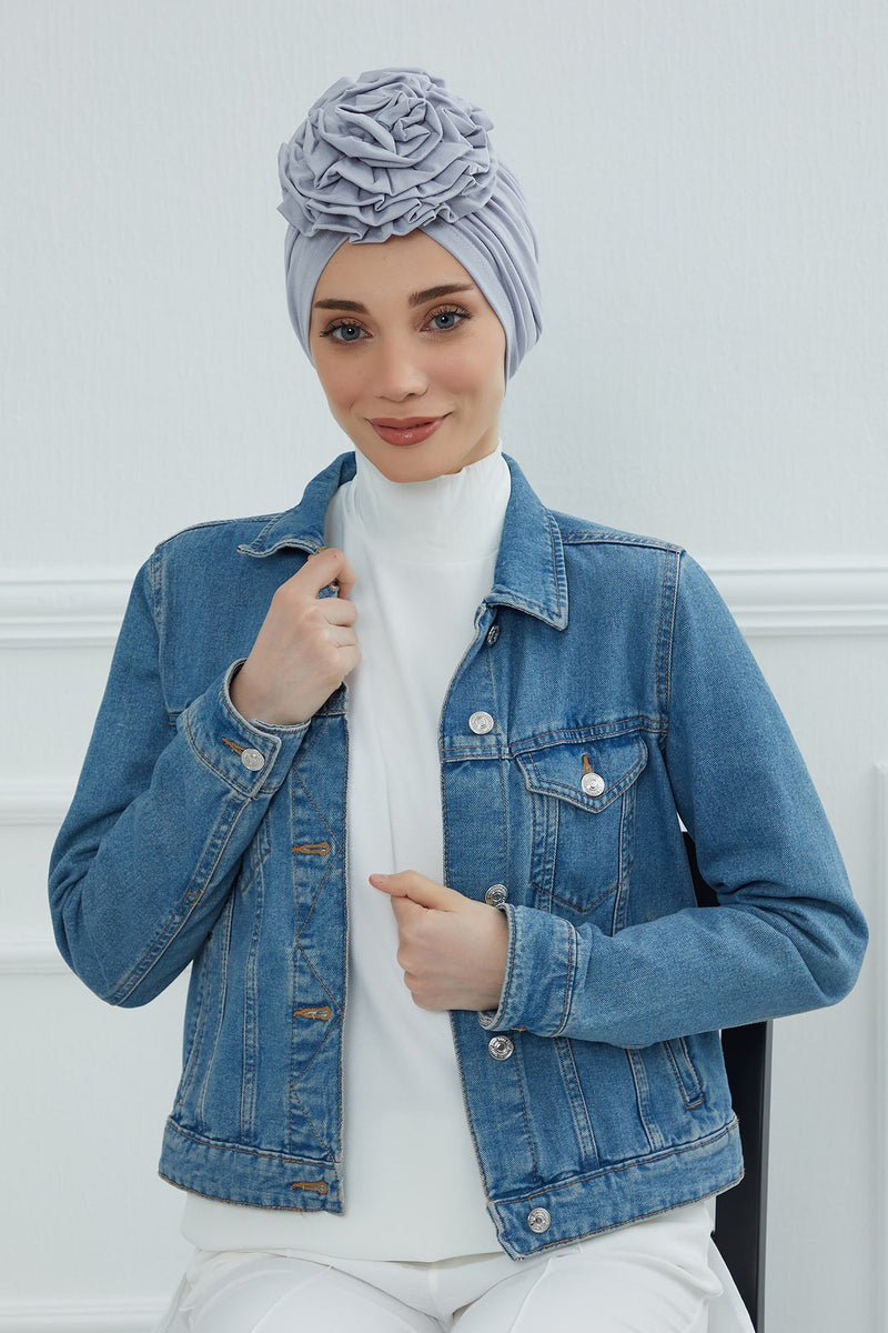 Chic Rose Accent Instant Turban Hijab for Women, Cotton Scarf Chemo Head Wrap, Plain Bonnet Cap with a Beautiful Big Handmade Rose,B-21
