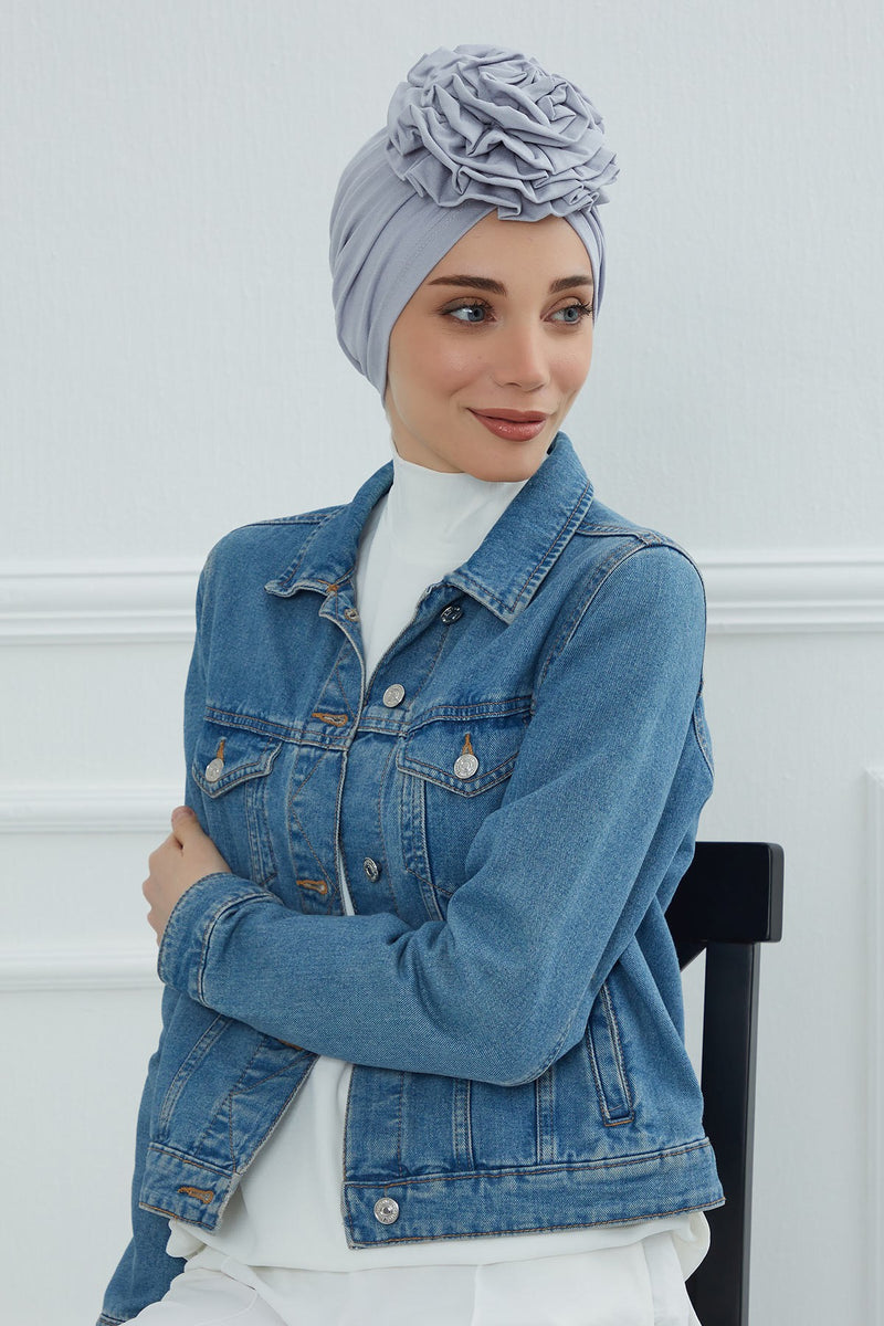 Chic Rose Accent Instant Turban Hijab for Women, Cotton Scarf Chemo Head Wrap, Plain Bonnet Cap with a Beautiful Big Handmade Rose,B-21