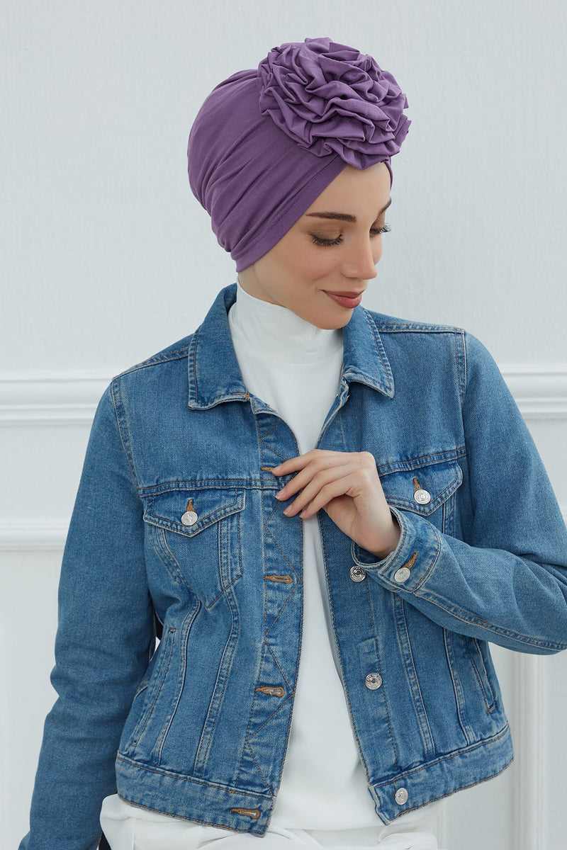 Chic Rose Accent Instant Turban Hijab for Women, Cotton Scarf Chemo Head Wrap, Plain Bonnet Cap with a Beautiful Big Handmade Rose,B-21