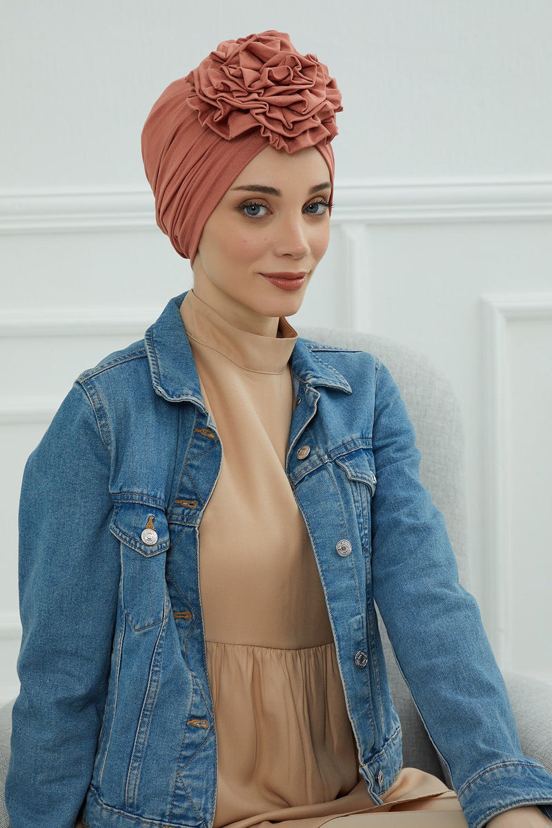 Chic Rose Accent Instant Turban Hijab for Women, Cotton Scarf Chemo Head Wrap, Plain Bonnet Cap with a Beautiful Big Handmade Rose,B-21