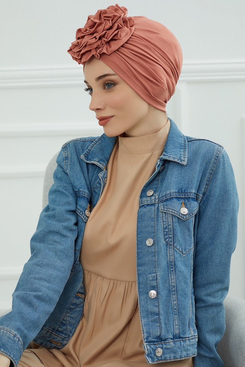 Chic Rose Accent Instant Turban Hijab for Women, Cotton Scarf Chemo Head Wrap, Plain Bonnet Cap with a Beautiful Big Handmade Rose,B-21