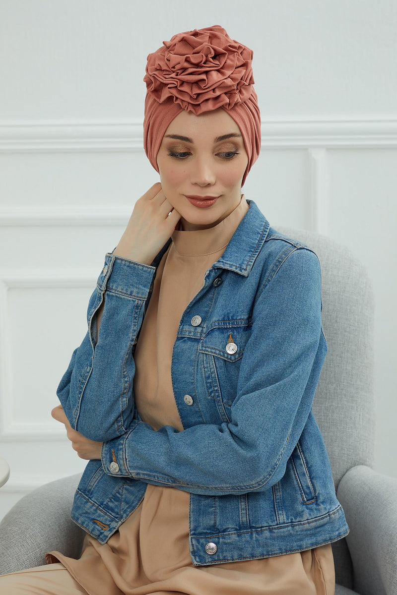 Chic Rose Accent Instant Turban Hijab for Women, Cotton Scarf Chemo Head Wrap, Plain Bonnet Cap with a Beautiful Big Handmade Rose,B-21