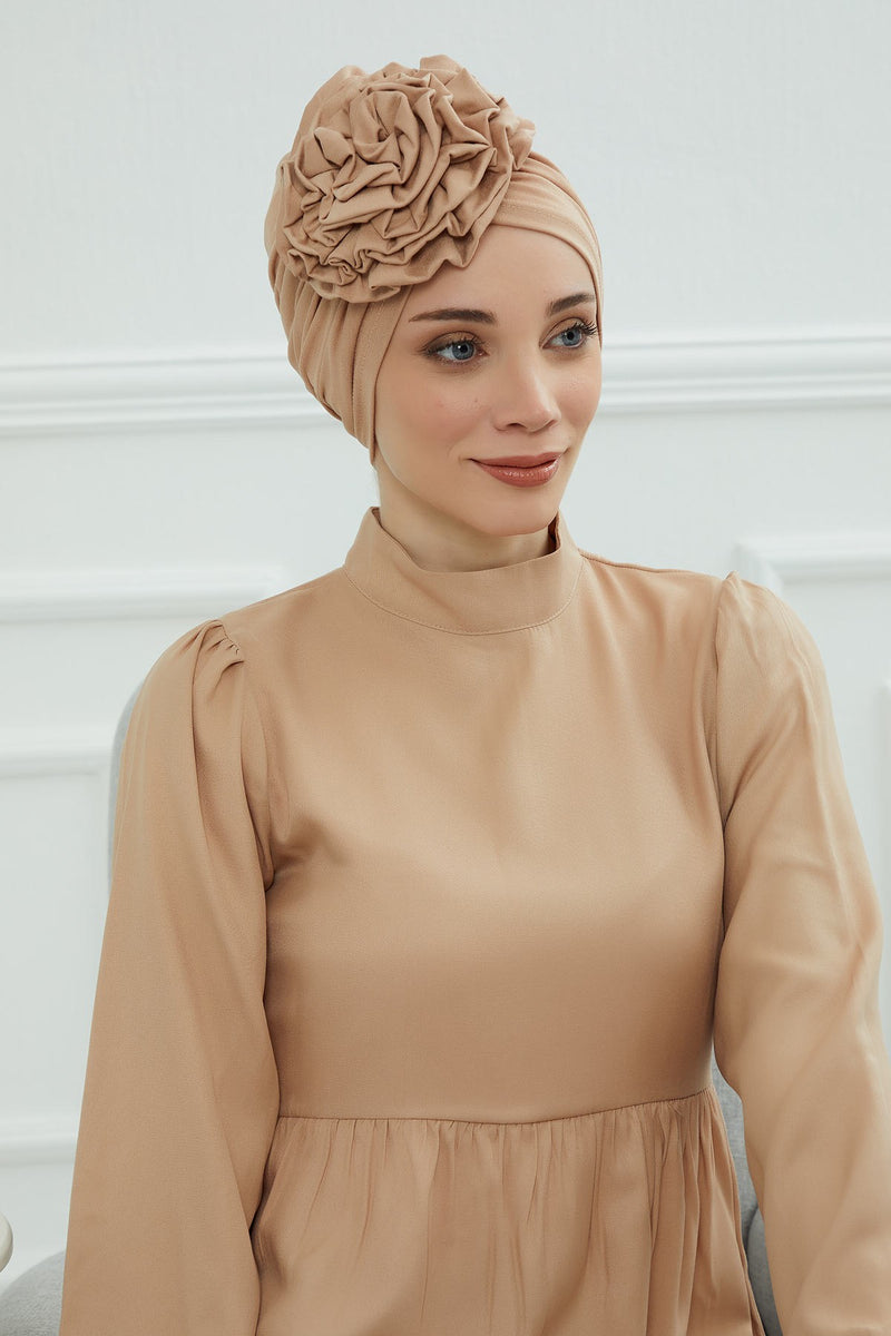 Chic Rose Accent Instant Turban Hijab for Women, Cotton Scarf Chemo Head Wrap, Plain Bonnet Cap with a Beautiful Big Handmade Rose,B-21