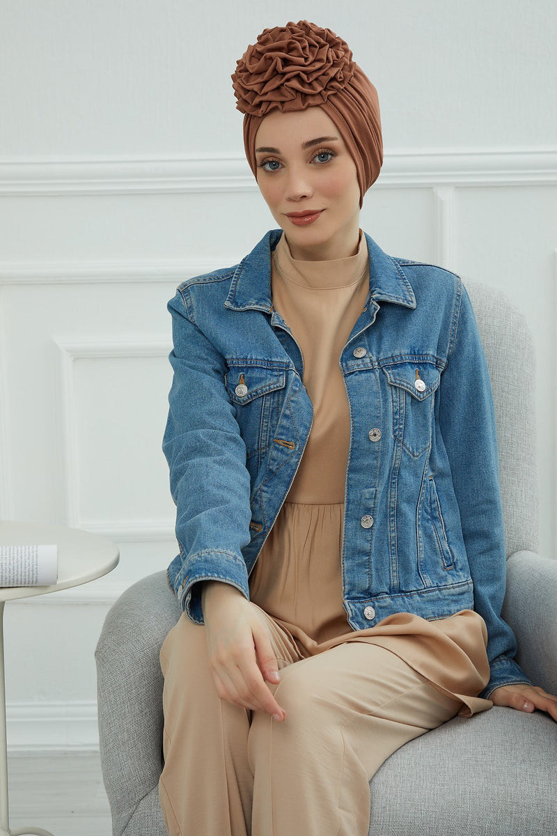 Chic Rose Accent Instant Turban Hijab for Women, Cotton Scarf Chemo Head Wrap, Plain Bonnet Cap with a Beautiful Big Handmade Rose,B-21