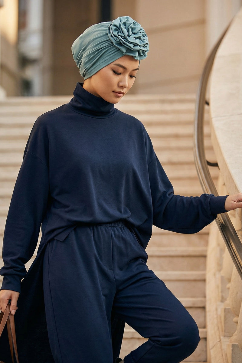 Chic Rose Accent Instant Turban Hijab for Women, Cotton Scarf Chemo Head Wrap, Plain Bonnet Cap with a Beautiful Big Handmade Rose,B-21