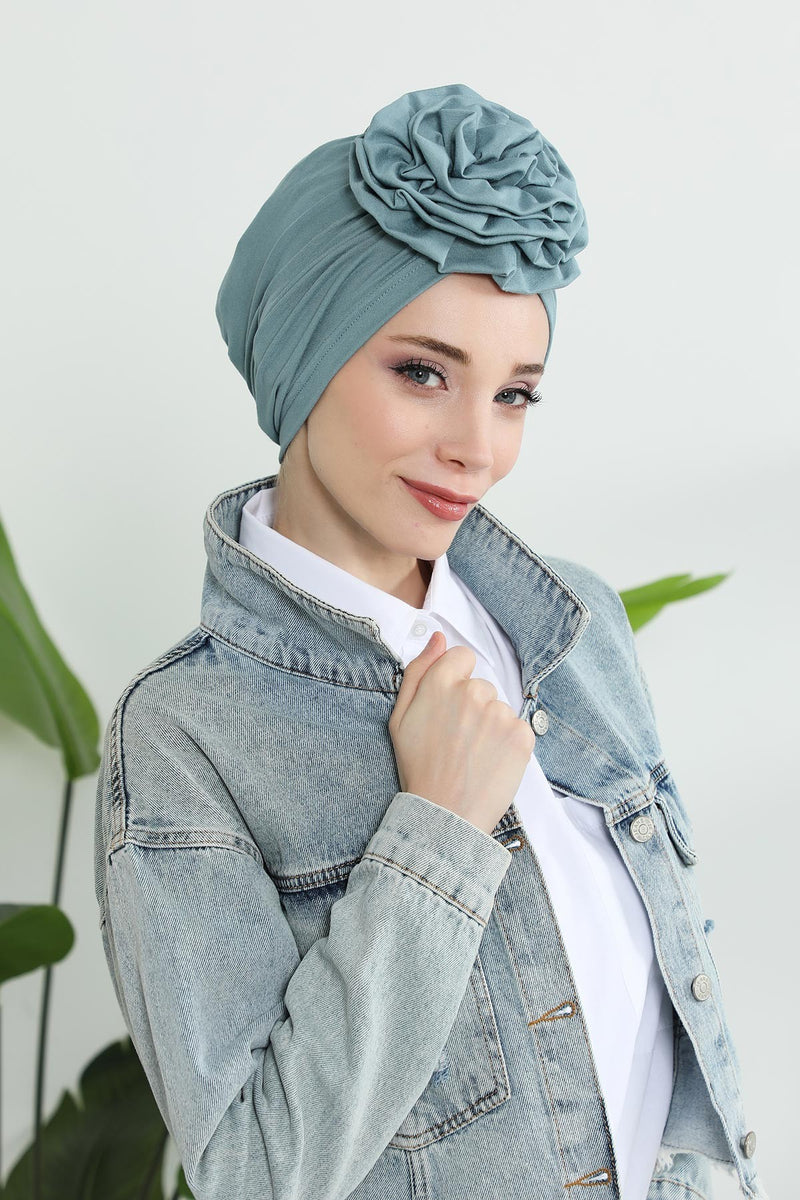 Chic Rose Accent Instant Turban Hijab for Women, Cotton Scarf Chemo Head Wrap, Plain Bonnet Cap with a Beautiful Big Handmade Rose,B-21