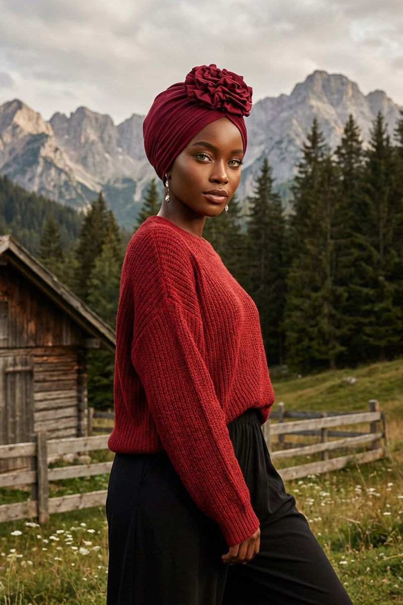 Chic Rose Accent Instant Turban Hijab for Women, Cotton Scarf Chemo Head Wrap, Plain Bonnet Cap with a Beautiful Big Handmade Rose,B-21