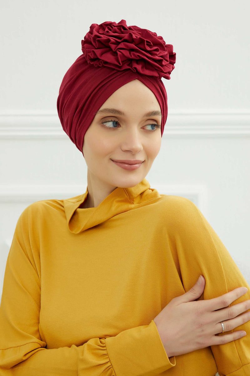 Chic Rose Accent Instant Turban Hijab for Women, Cotton Scarf Chemo Head Wrap, Plain Bonnet Cap with a Beautiful Big Handmade Rose,B-21