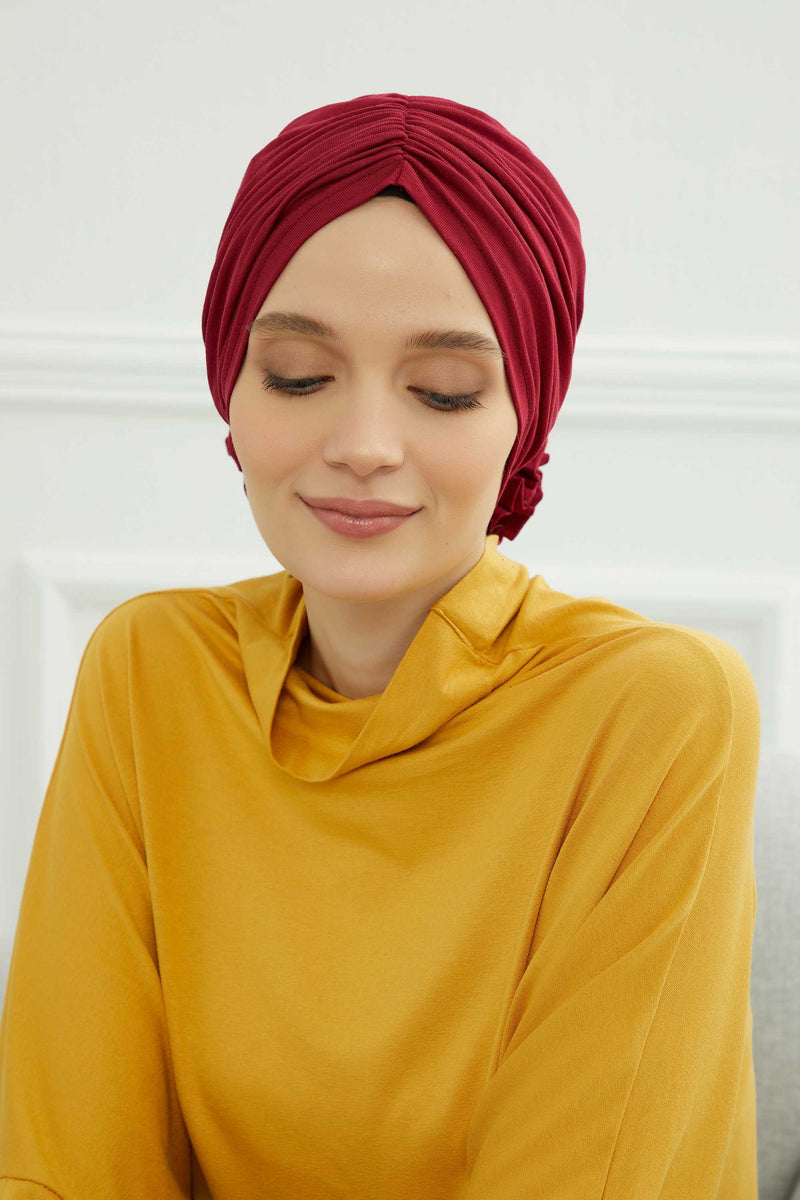 Chic Rose Accent Instant Turban Hijab for Women, Cotton Scarf Chemo Head Wrap, Plain Bonnet Cap with a Beautiful Big Handmade Rose,B-21