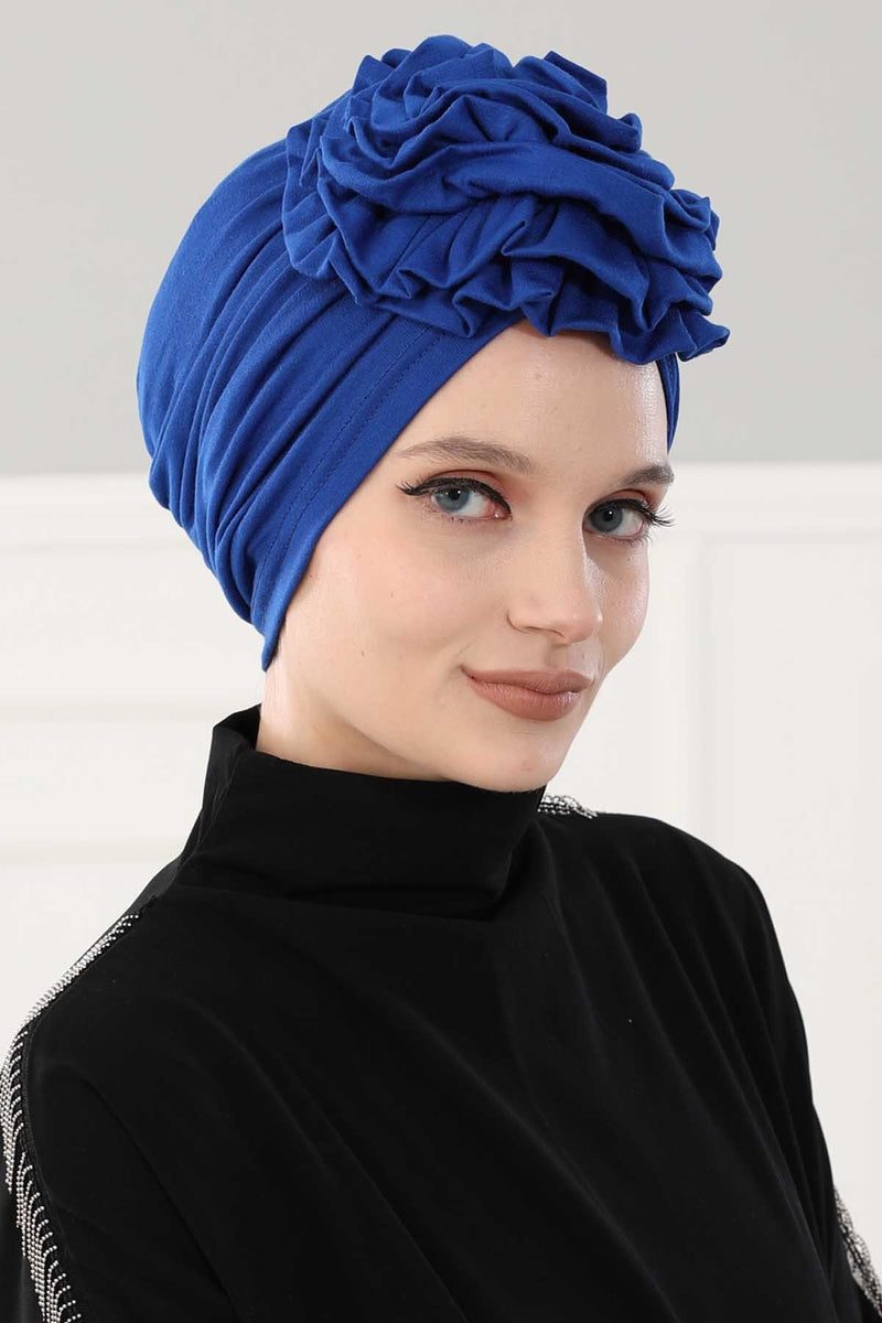 Chic Rose Accent Instant Turban Hijab for Women, Cotton Scarf Chemo Head Wrap, Plain Bonnet Cap with a Beautiful Big Handmade Rose,B-21