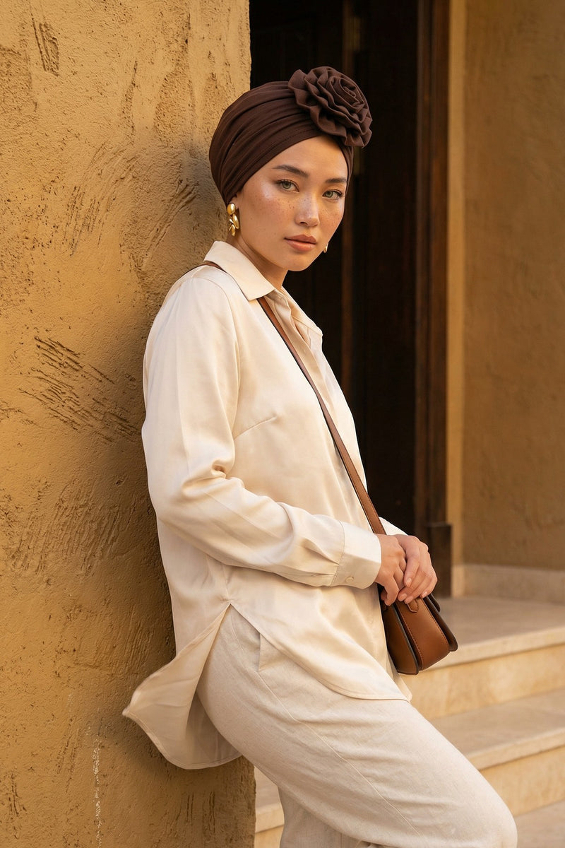 Chic Rose Accent Instant Turban Hijab for Women, Cotton Scarf Chemo Head Wrap, Plain Bonnet Cap with a Beautiful Big Handmade Rose,B-21