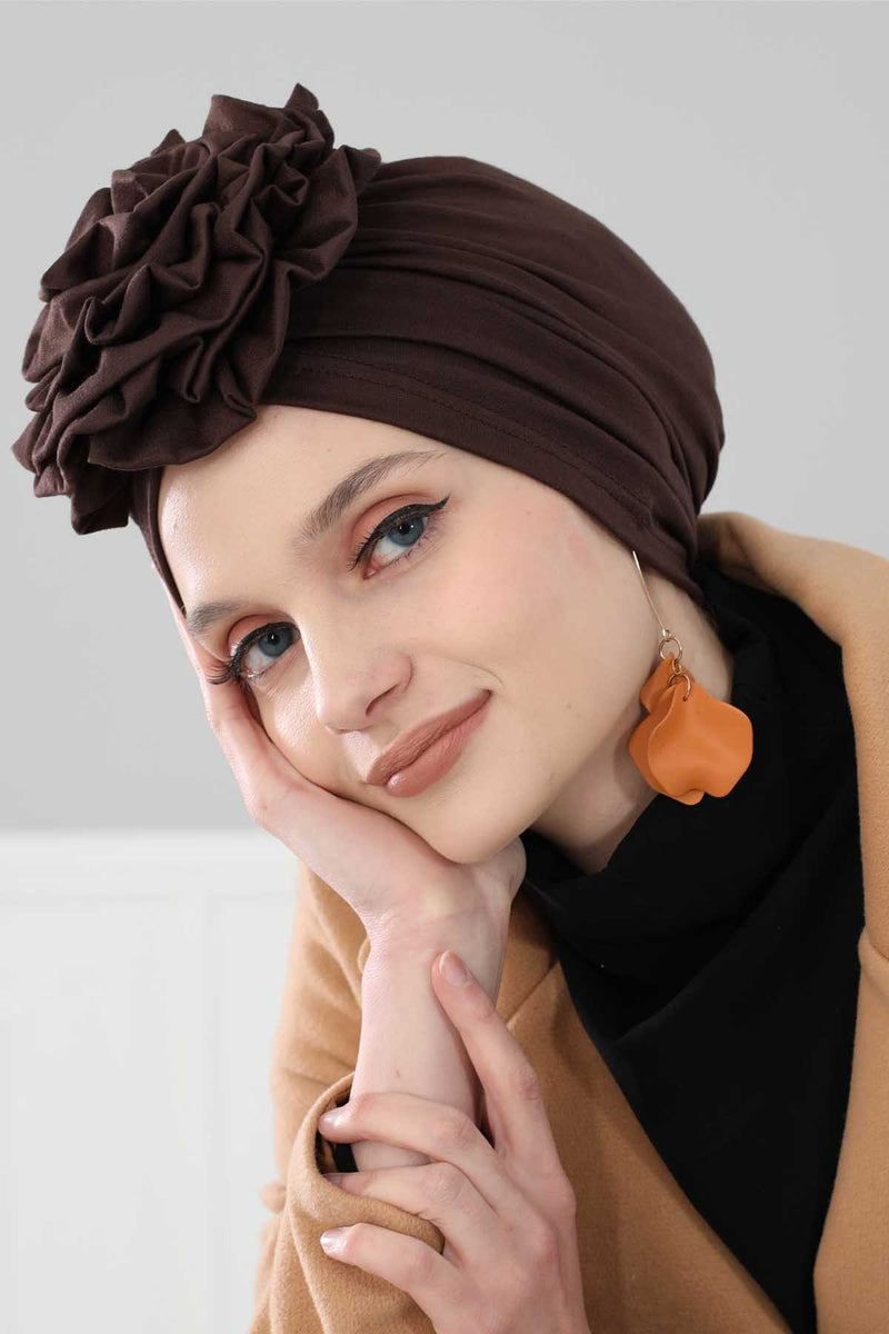 Chic Rose Accent Instant Turban Hijab for Women, Cotton Scarf Chemo Head Wrap, Plain Bonnet Cap with a Beautiful Big Handmade Rose,B-21