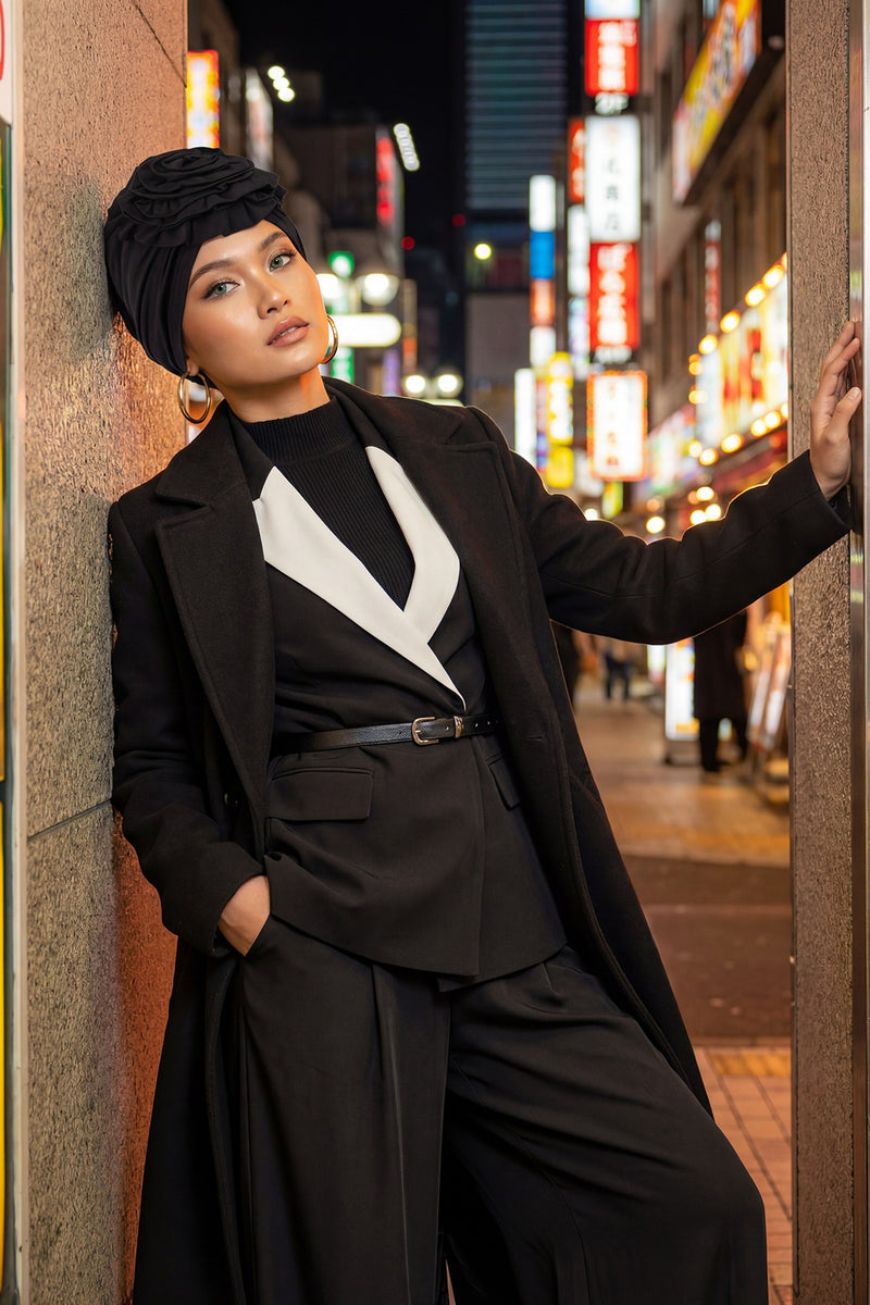 Chic Rose Accent Instant Turban Hijab for Women, Cotton Scarf Chemo Head Wrap, Plain Bonnet Cap with a Beautiful Big Handmade Rose,B-21