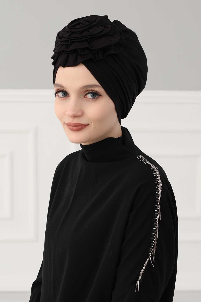 Chic Rose Accent Instant Turban Hijab for Women, Cotton Scarf Chemo Head Wrap, Plain Bonnet Cap with a Beautiful Big Handmade Rose,B-21