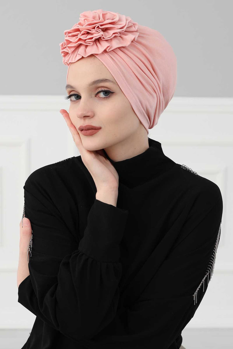 Chic Rose Accent Instant Turban Hijab for Women, Cotton Scarf Chemo Head Wrap, Plain Bonnet Cap with a Beautiful Big Handmade Rose,B-21