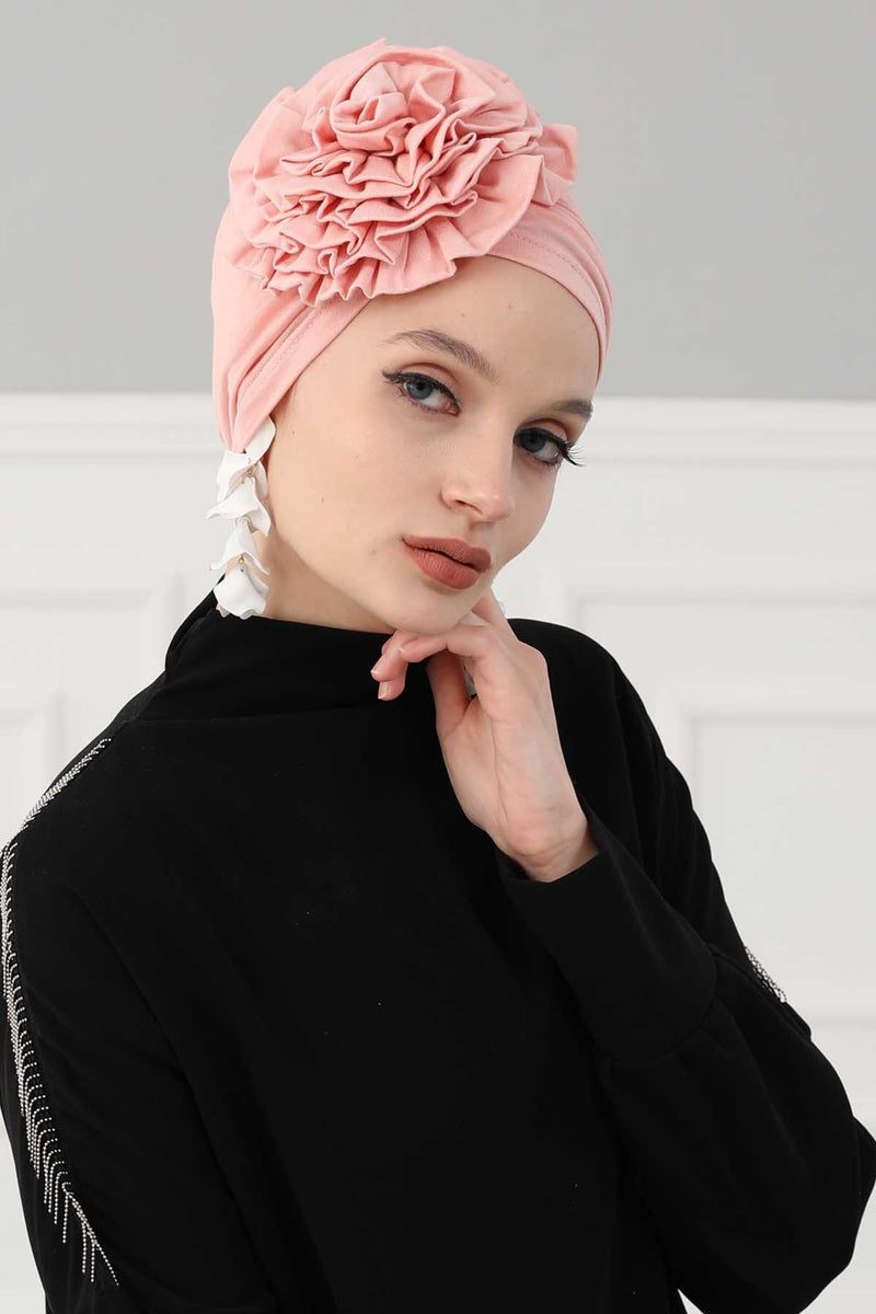 Chic Rose Accent Instant Turban Hijab for Women, Cotton Scarf Chemo Head Wrap, Plain Bonnet Cap with a Beautiful Big Handmade Rose,B-21