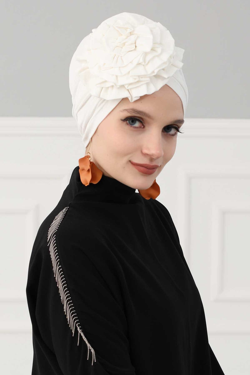 Chic Rose Accent Instant Turban Hijab for Women, Cotton Scarf Chemo Head Wrap, Plain Bonnet Cap with a Beautiful Big Handmade Rose,B-21