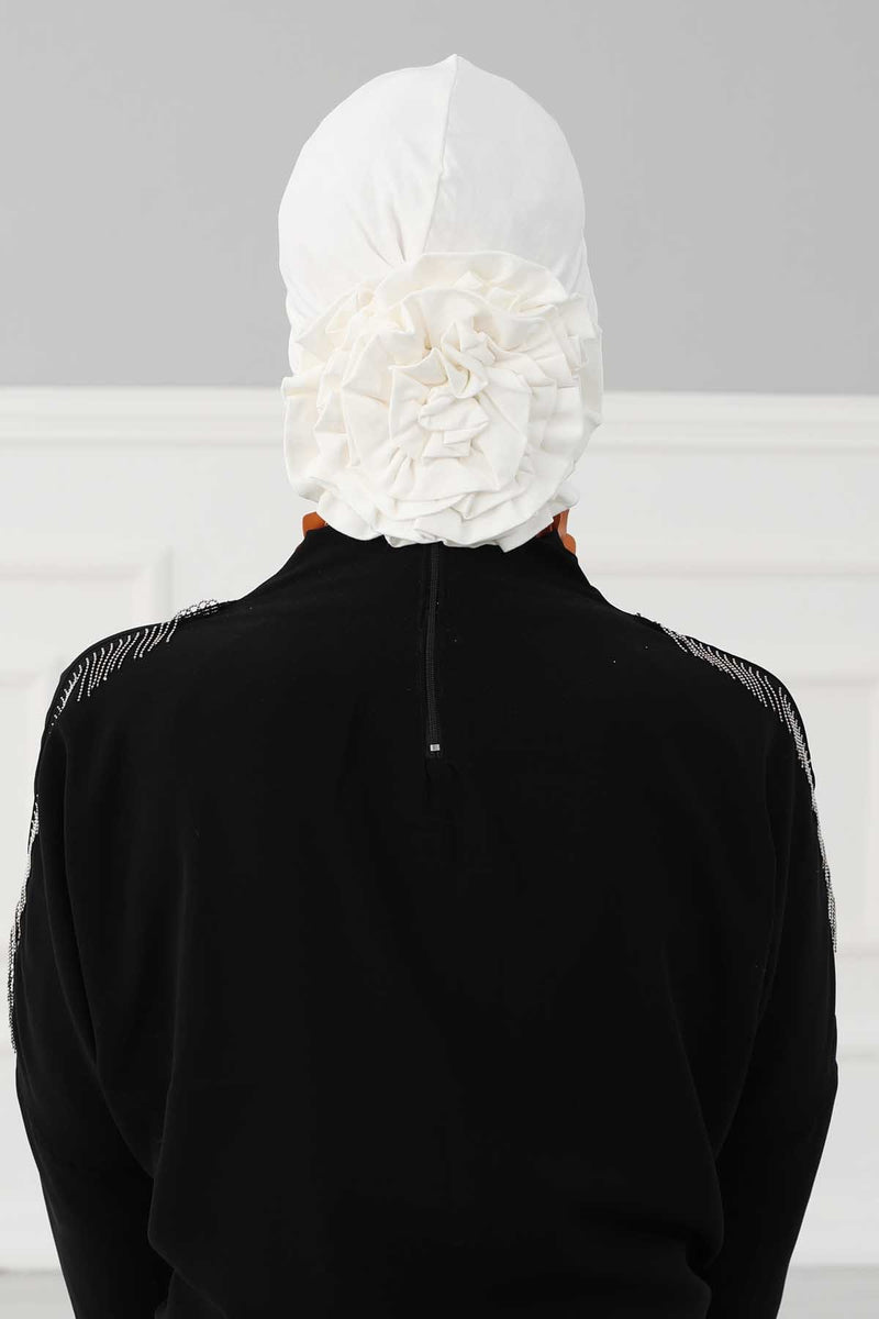 Chic Rose Accent Instant Turban Hijab for Women, Cotton Scarf Chemo Head Wrap, Plain Bonnet Cap with a Beautiful Big Handmade Rose,B-21