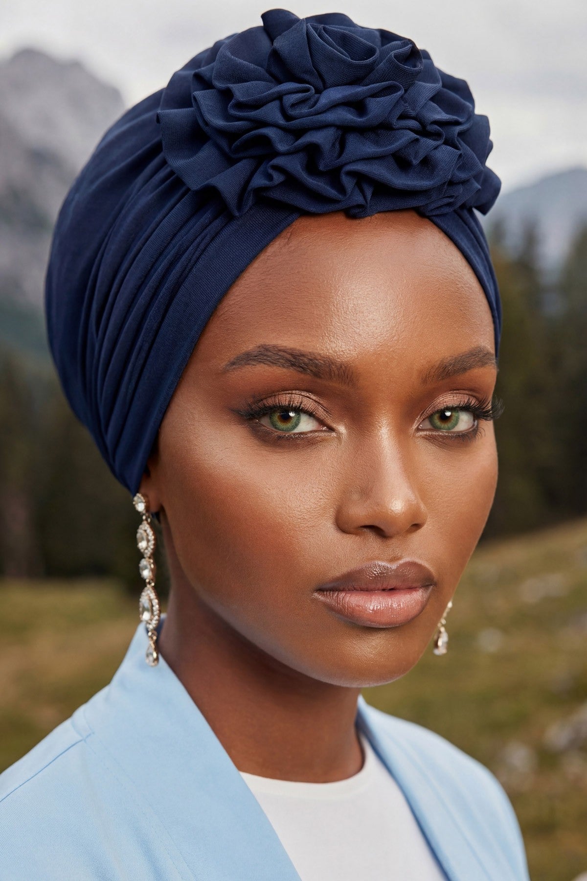 Chic Rose Accent Instant Turban Hijab for Women, Cotton Scarf Chemo Head Wrap, Plain Bonnet Cap with a Beautiful Big Handmade Rose,B-21 Navy Blue