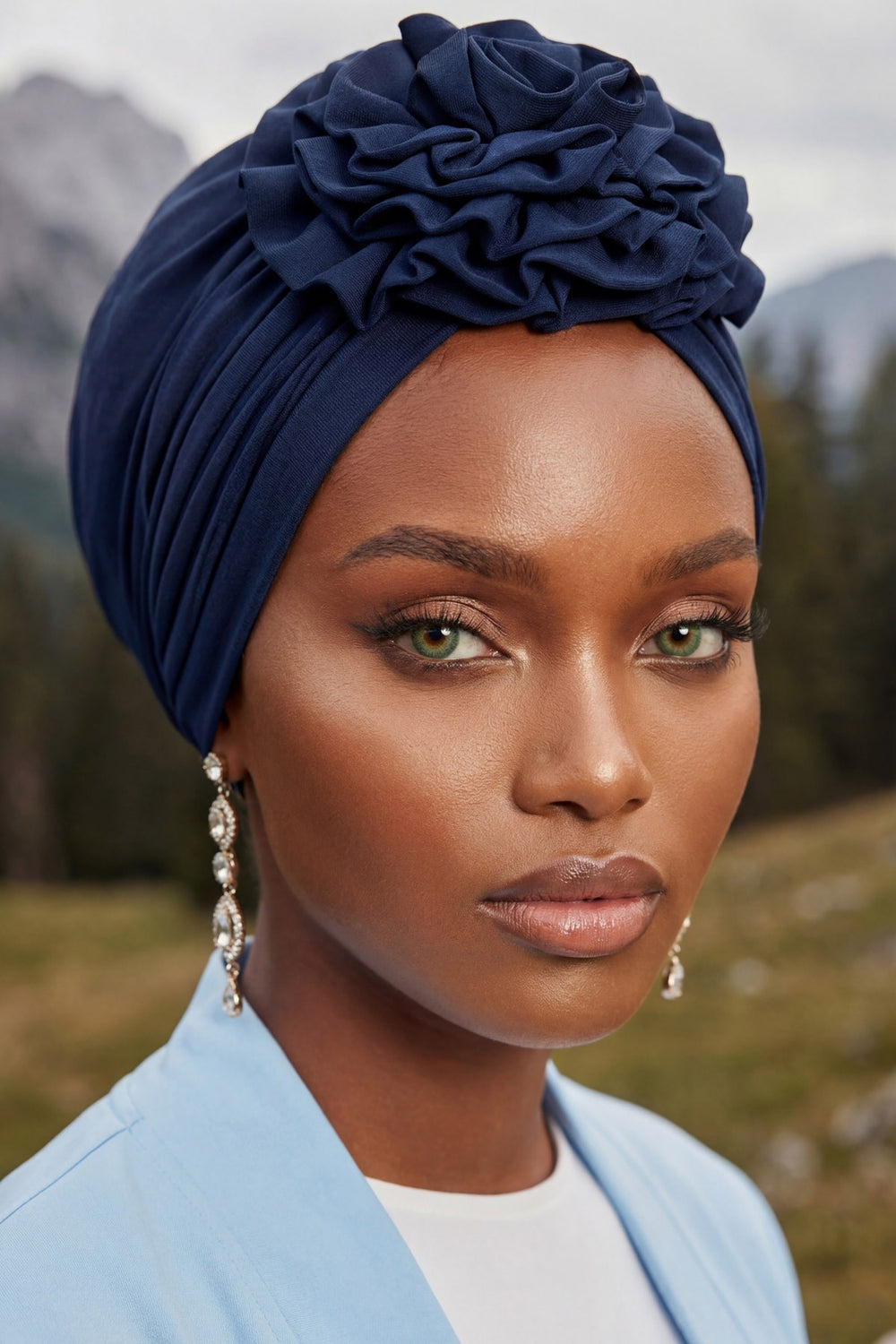Chic Rose Accent Instant Turban Hijab for Women, Cotton Scarf Chemo Head Wrap, Plain Bonnet Cap with a Beautiful Big Handmade Rose,B-21 Navy Blue