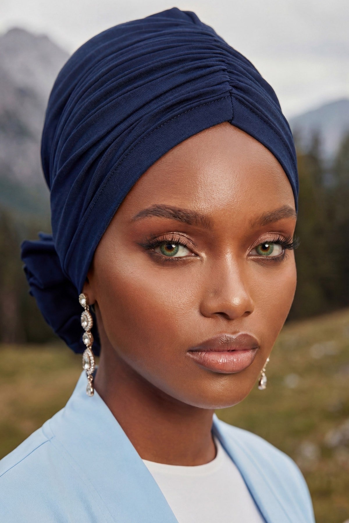 Chic Rose Accent Instant Turban Hijab for Women, Cotton Scarf Chemo Head Wrap, Plain Bonnet Cap with a Beautiful Big Handmade Rose,B-21 Navy Blue