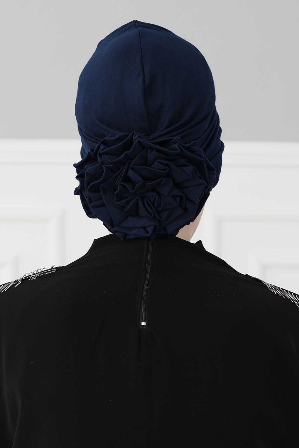 Chic Rose Accent Instant Turban Hijab for Women, Cotton Scarf Chemo Head Wrap, Plain Bonnet Cap with a Beautiful Big Handmade Rose,B-21 Navy Blue