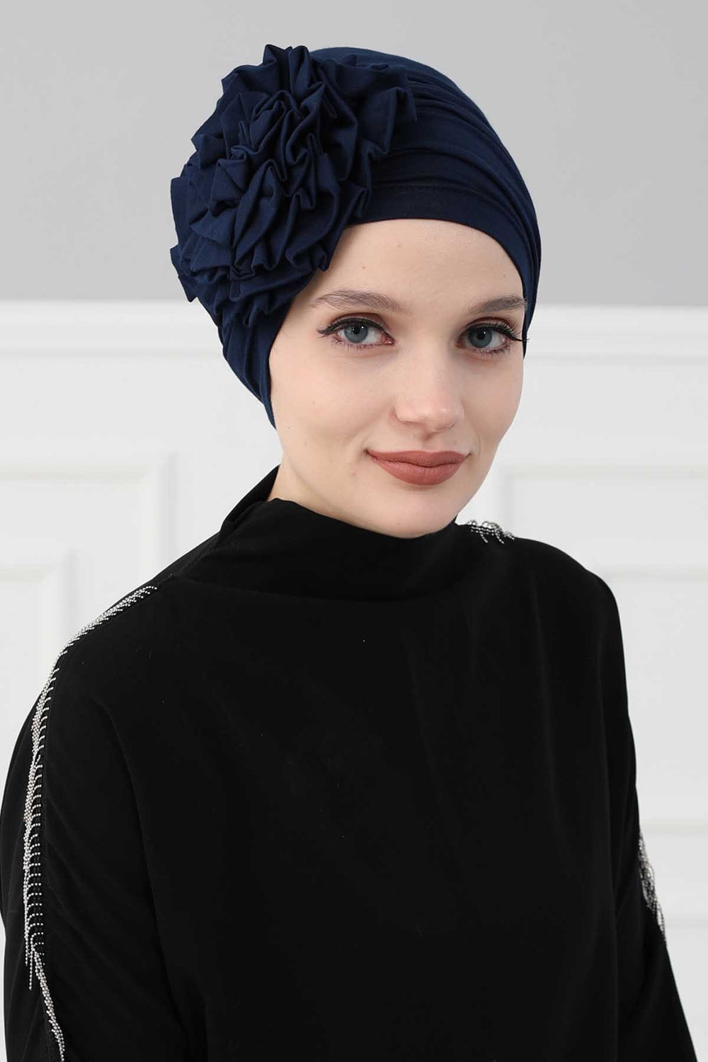 Chic Rose Accent Instant Turban Hijab for Women, Cotton Scarf Chemo Head Wrap, Plain Bonnet Cap with a Beautiful Big Handmade Rose,B-21 Navy Blue