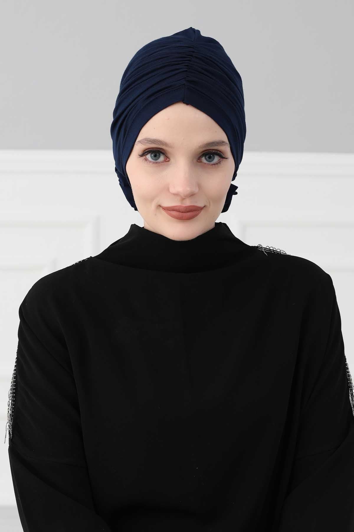 Chic Rose Accent Instant Turban Hijab for Women, Cotton Scarf Chemo Head Wrap, Plain Bonnet Cap with a Beautiful Big Handmade Rose,B-21 Navy Blue