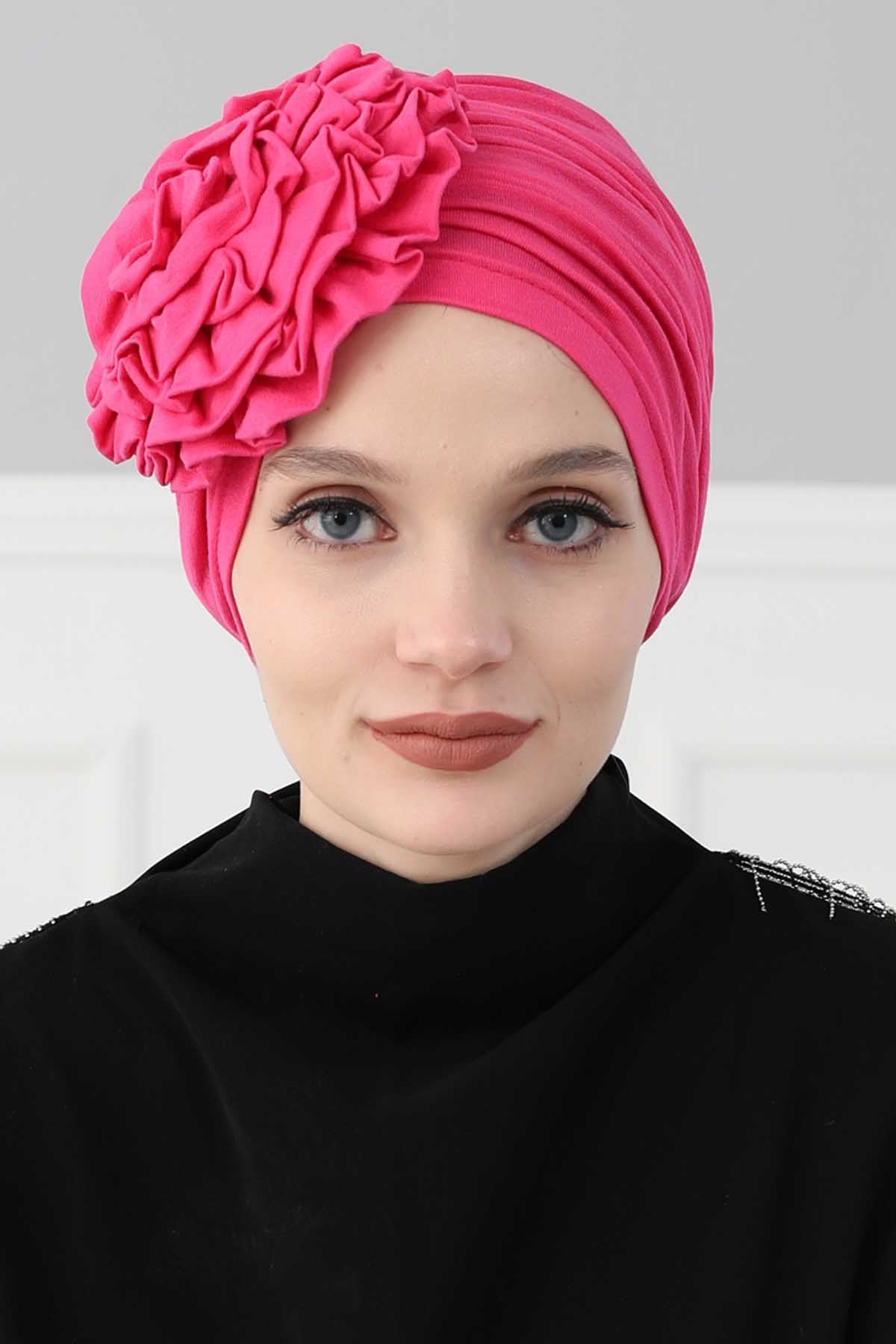 Chic Rose Accent Instant Turban Hijab for Women, Cotton Scarf Chemo Head Wrap, Plain Bonnet Cap with a Beautiful Big Handmade Rose,B-21 Fuchsia