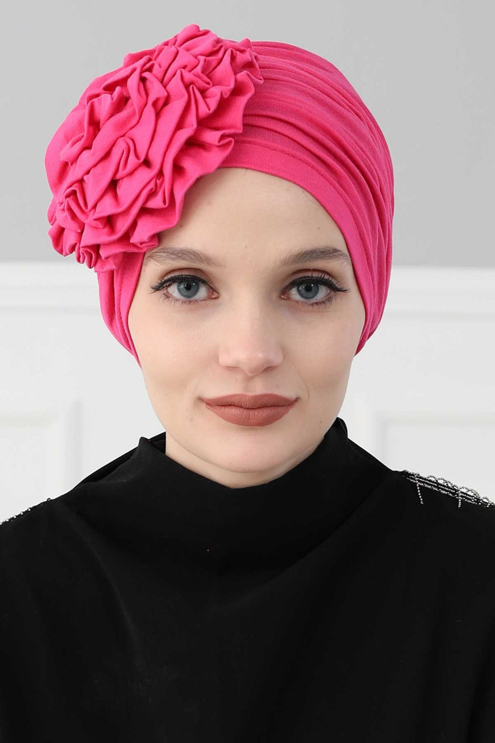 Chic Rose Accent Instant Turban Hijab for Women, Cotton Scarf Chemo Head Wrap, Plain Bonnet Cap with a Beautiful Big Handmade Rose,B-21 Fuchsia