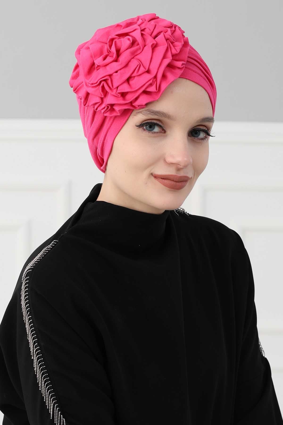 Chic Rose Accent Instant Turban Hijab for Women, Cotton Scarf Chemo Head Wrap, Plain Bonnet Cap with a Beautiful Big Handmade Rose,B-21 Fuchsia
