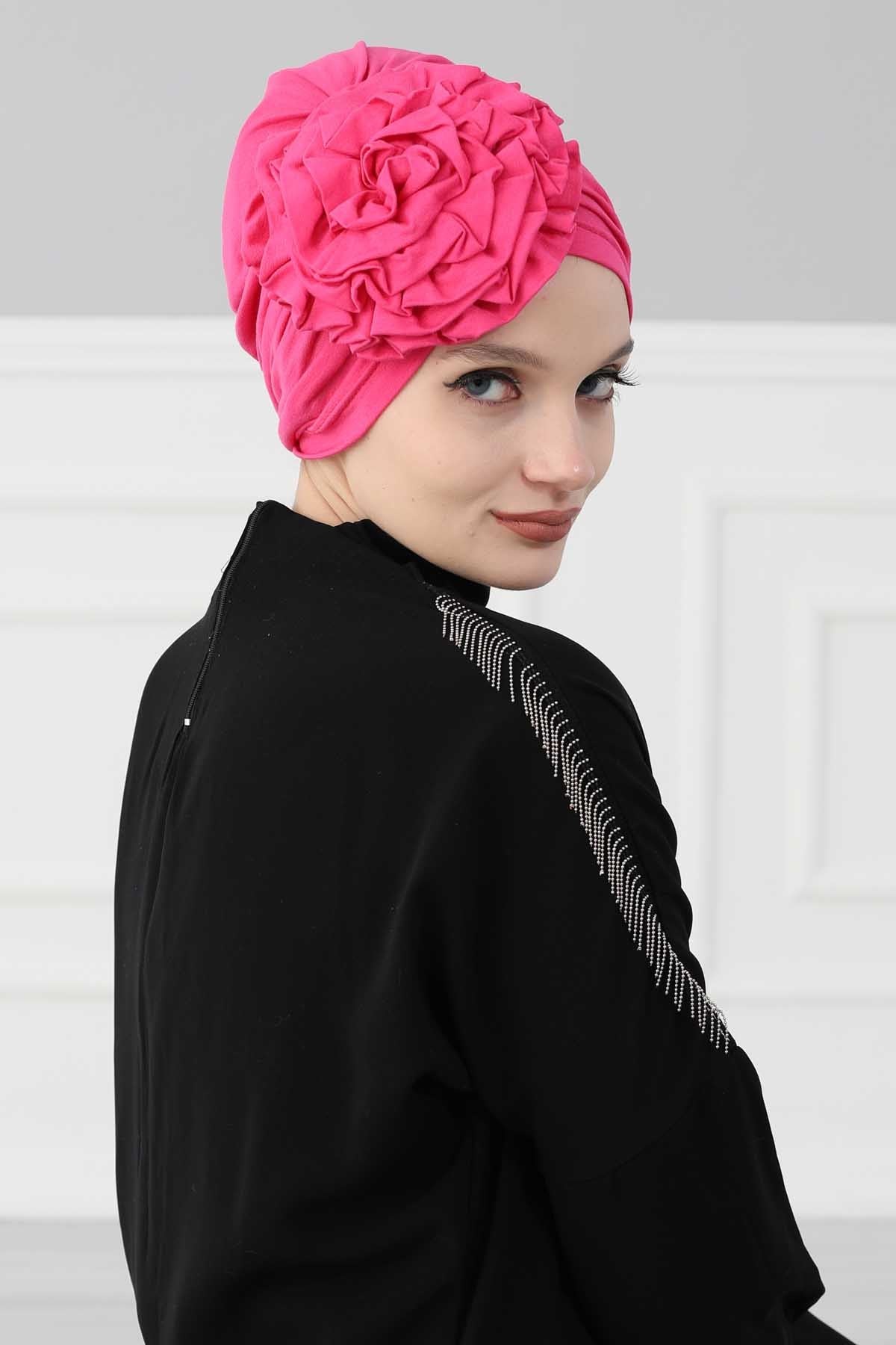 Chic Rose Accent Instant Turban Hijab for Women, Cotton Scarf Chemo Head Wrap, Plain Bonnet Cap with a Beautiful Big Handmade Rose,B-21 Fuchsia